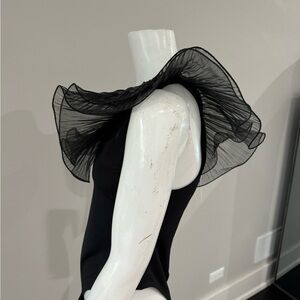 One shoulder black top with chiffon crinkle ruffle